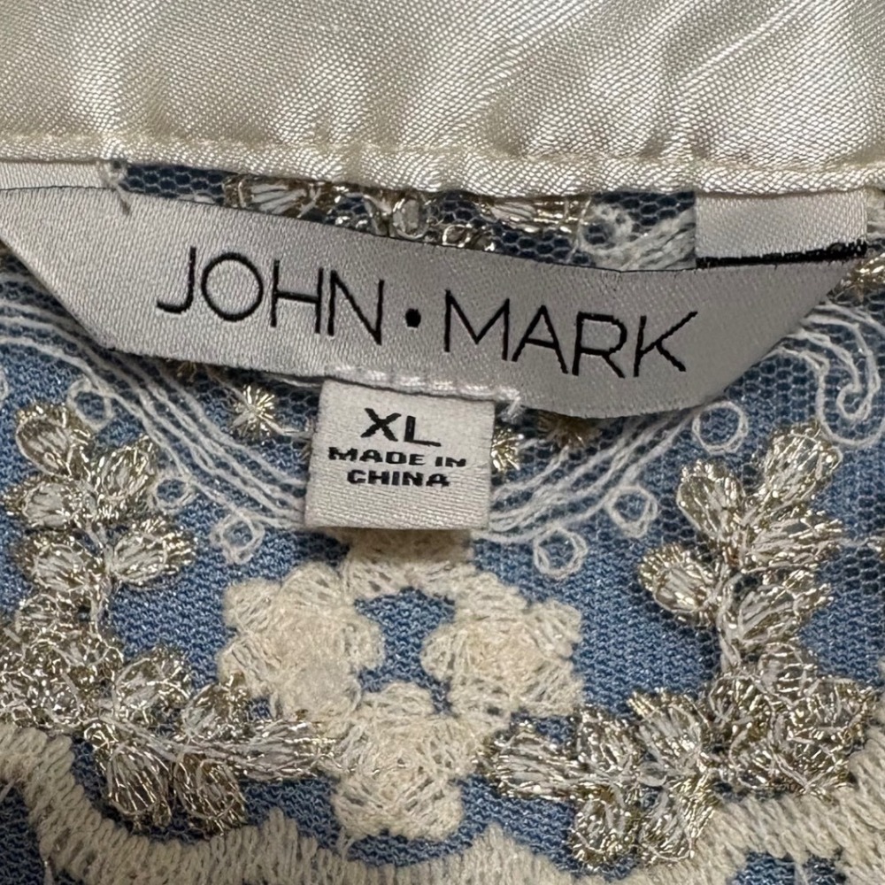 John Mark Embroidered Tunic Blouse Womens XL Cream Gold Blue Mixed Media  EUC - Picture 6 of 9